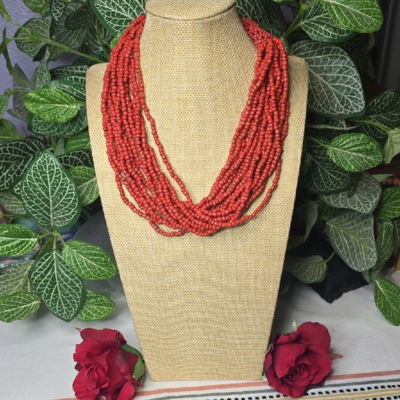 Jewelry - 15 Strand Coral Red Glass Beaded Necklace With A Beaded Toggle Clasp